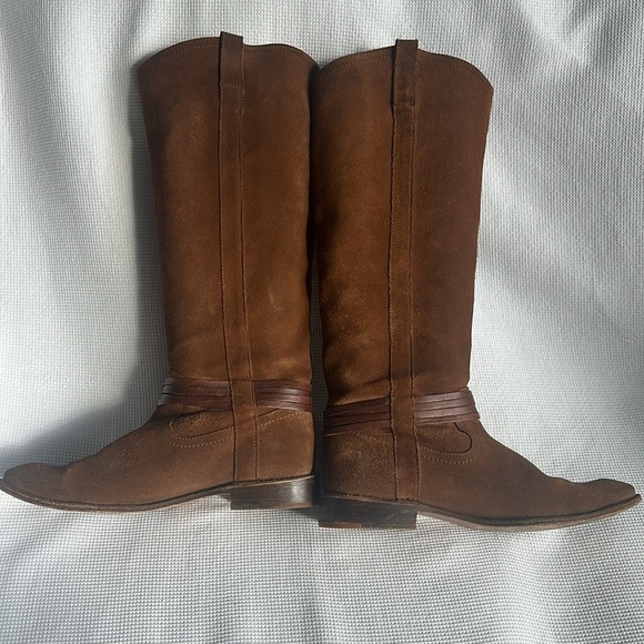 Frye Brown Suede Women’s Knee High Riding Boots Sz 8.5 Leather Brass Details - Picture 4 of 16